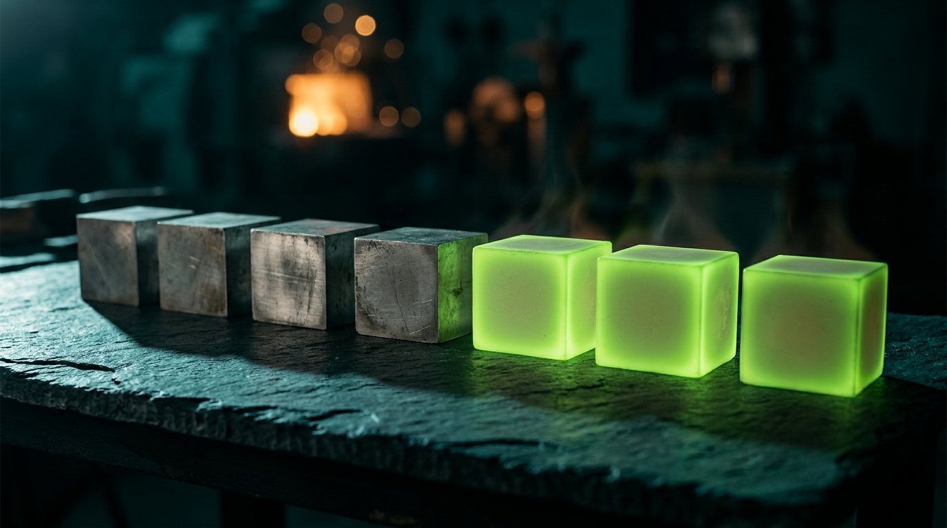 Seven machined metal blocks on a dark slate bench: four are old and worn, three have just been cast and still glow molten green.
